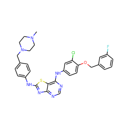 CN1CCN(Cc2ccc(Nc3nc4ncnc(Nc5ccc(OCc6cccc(F)c6)c(Cl)c5)c4s3)cc2)CC1 ZINC000042805350