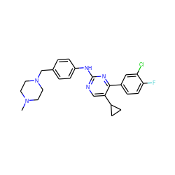 CN1CCN(Cc2ccc(Nc3ncc(C4CC4)c(-c4ccc(F)c(Cl)c4)n3)cc2)CC1 ZINC000084616285