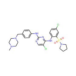 CN1CCN(Cc2ccc(Nc3ncc(Cl)c(Nc4ccc(Cl)cc4S(=O)(=O)N4CCCC4)n3)cc2)CC1 ZINC000084615220