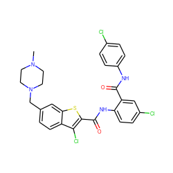 CN1CCN(Cc2ccc3c(Cl)c(C(=O)Nc4ccc(Cl)cc4C(=O)Nc4ccc(Cl)cc4)sc3c2)CC1 ZINC000023359282