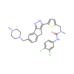 CN1CCN(Cc2ccc3c(c2)-c2n[nH]c(-c4ccc(CN(C)C(=O)Nc5ccc(Cl)c(Cl)c5)s4)c2C3)CC1 ZINC000036338894