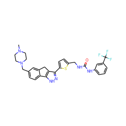 CN1CCN(Cc2ccc3c(c2)Cc2c(-c4ccc(CNC(=O)Nc5cccc(C(F)(F)F)c5)s4)n[nH]c2-3)CC1 ZINC000036338875