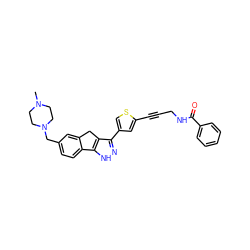 CN1CCN(Cc2ccc3c(c2)Cc2c(-c4csc(C#CCNC(=O)c5ccccc5)c4)n[nH]c2-3)CC1 ZINC000028642329