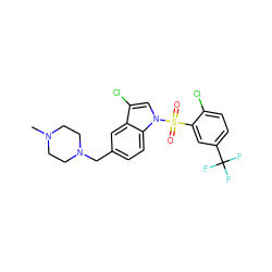 CN1CCN(Cc2ccc3c(c2)c(Cl)cn3S(=O)(=O)c2cc(C(F)(F)F)ccc2Cl)CC1 ZINC000071294850