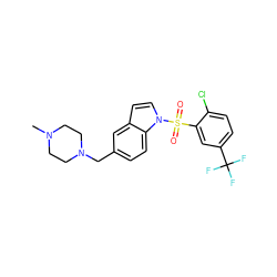 CN1CCN(Cc2ccc3c(ccn3S(=O)(=O)c3cc(C(F)(F)F)ccc3Cl)c2)CC1 ZINC000071282108