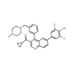 CN1CCN(Cc2cccc(-c3c(C(=O)C4CC4)cnc4ccc(-c5cc(Cl)c(O)c(Cl)c5)cc34)c2)CC1 ZINC000114037522