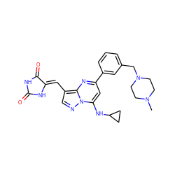 CN1CCN(Cc2cccc(-c3cc(NC4CC4)n4ncc(/C=C5\NC(=O)NC5=O)c4n3)c2)CC1 ZINC000117832085