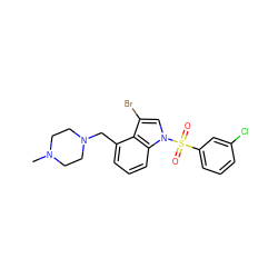 CN1CCN(Cc2cccc3c2c(Br)cn3S(=O)(=O)c2cccc(Cl)c2)CC1 ZINC000095559096