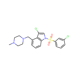 CN1CCN(Cc2cccc3c2c(Cl)cn3S(=O)(=O)c2cccc(Cl)c2)CC1 ZINC000095563455