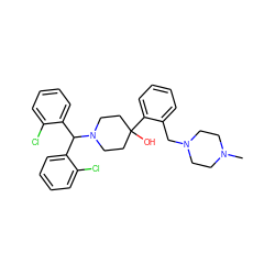 CN1CCN(Cc2ccccc2C2(O)CCN(C(c3ccccc3Cl)c3ccccc3Cl)CC2)CC1 ZINC000028817298