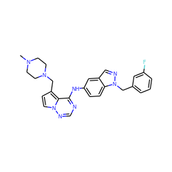 CN1CCN(Cc2ccn3ncnc(Nc4ccc5c(cnn5Cc5cccc(F)c5)c4)c23)CC1 ZINC000028817162