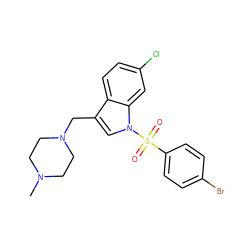 CN1CCN(Cc2cn(S(=O)(=O)c3ccc(Br)cc3)c3cc(Cl)ccc23)CC1 ZINC001772608735