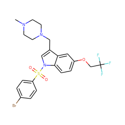 CN1CCN(Cc2cn(S(=O)(=O)c3ccc(Br)cc3)c3ccc(OCC(F)(F)F)cc23)CC1 ZINC001772637897