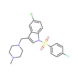 CN1CCN(Cc2cn(S(=O)(=O)c3ccc(F)cc3)c3ccc(Cl)cc23)CC1 ZINC001772648400