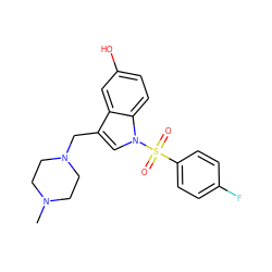 CN1CCN(Cc2cn(S(=O)(=O)c3ccc(F)cc3)c3ccc(O)cc23)CC1 ZINC001772574093