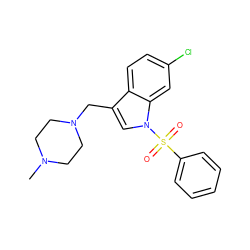 CN1CCN(Cc2cn(S(=O)(=O)c3ccccc3)c3cc(Cl)ccc23)CC1 ZINC001772607617