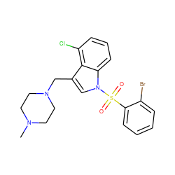 CN1CCN(Cc2cn(S(=O)(=O)c3ccccc3Br)c3cccc(Cl)c23)CC1 ZINC000140241863