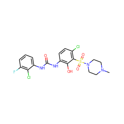 CN1CCN(S(=O)(=O)c2c(Cl)ccc(NC(=O)Nc3cccc(F)c3Cl)c2O)CC1 ZINC000043052963