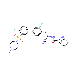 CN1CCN(S(=O)(=O)c2cc(-c3ccc(C[C@@H](C#N)NC(=O)[C@H]4N[C@@H]5CC[C@H]4C5)c(F)c3)ccc2F)CC1 ZINC000219312080