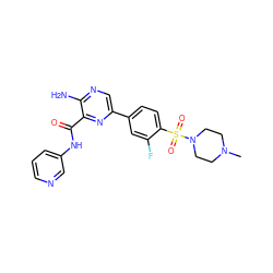 CN1CCN(S(=O)(=O)c2ccc(-c3cnc(N)c(C(=O)Nc4cccnc4)n3)cc2F)CC1 ZINC000038474688