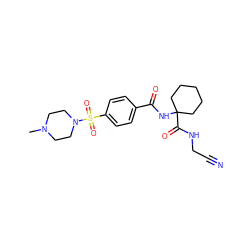 CN1CCN(S(=O)(=O)c2ccc(C(=O)NC3(C(=O)NCC#N)CCCCC3)cc2)CC1 ZINC000013676324