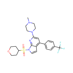 CN1CCN(c2cc(-c3ccc(C(F)(F)F)cc3)c3ccn(S(=O)(=O)C4CCOCC4)c3n2)CC1 ZINC000653852002