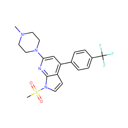 CN1CCN(c2cc(-c3ccc(C(F)(F)F)cc3)c3ccn(S(C)(=O)=O)c3n2)CC1 ZINC000653842838