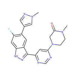 CN1CCN(c2cc(-c3n[nH]c4cc(F)c(-c5cnn(C)c5)cc34)ncn2)CC1=O ZINC001772647761