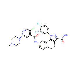 CN1CCN(c2cc(C(=O)Nc3ccc4c(c3)-c3c(c(C(N)=O)nn3-c3ccc(F)c(F)c3)CC4)c(Cl)cn2)CC1 ZINC000066078655