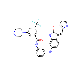 CN1CCN(c2cc(C(=O)Nc3cccc(Nc4ccc5c(c4)NC(=O)/C5=C\c4ccc[nH]4)c3)cc(C(F)(F)F)c2)CC1 ZINC000084714716