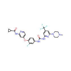 CN1CCN(c2cc(C(F)(F)F)cc(NC(=O)Nc3ccc(Oc4ccnc(NC(=O)C5CC5)c4)c(F)c3)n2)CC1 ZINC001772593582