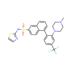 CN1CCN(c2cc(C(F)(F)F)ccc2-c2cccc3cc(S(=O)(=O)Nc4nccs4)ccc23)CC1 ZINC000206149368