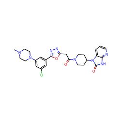 CN1CCN(c2cc(Cl)cc(-c3nnc(CC(=O)N4CCC(n5c(=O)[nH]c6ncccc65)CC4)o3)c2)CC1 ZINC000049762764