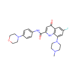 CN1CCN(c2cc(F)cc3c(=O)cc(C(=O)Nc4ccc(N5CCOCC5)cc4)[nH]c23)CC1 ZINC000028642574