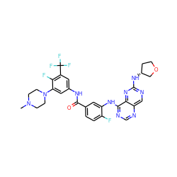CN1CCN(c2cc(NC(=O)c3ccc(F)c(Nc4ncnc5cnc(N[C@@H]6CCOC6)nc45)c3)cc(C(F)(F)F)c2F)CC1 ZINC000165274041