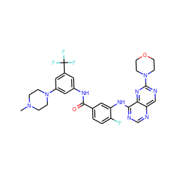 CN1CCN(c2cc(NC(=O)c3ccc(F)c(Nc4ncnc5cnc(N6CCOCC6)nc45)c3)cc(C(F)(F)F)c2)CC1 ZINC000148270595