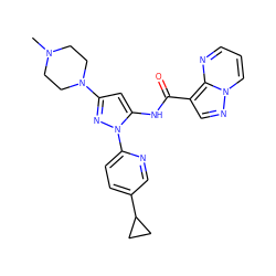 CN1CCN(c2cc(NC(=O)c3cnn4cccnc34)n(-c3ccc(C4CC4)cn3)n2)CC1 ZINC000203753377