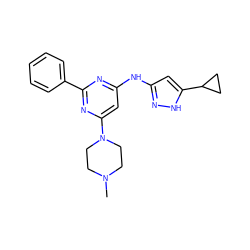 CN1CCN(c2cc(Nc3cc(C4CC4)[nH]n3)nc(-c3ccccc3)n2)CC1 ZINC000084635824