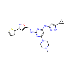 CN1CCN(c2cc(Nc3cc(C4CC4)[nH]n3)nc(NCc3cc(-c4cccs4)no3)n2)CC1 ZINC000203006024