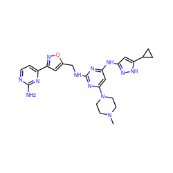 CN1CCN(c2cc(Nc3cc(C4CC4)[nH]n3)nc(NCc3cc(-c4ccnc(N)n4)no3)n2)CC1 ZINC000203003183