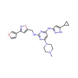 CN1CCN(c2cc(Nc3cc(C4CC4)[nH]n3)nc(NCc3cc(-c4ccoc4)no3)n2)CC1 ZINC000203008744