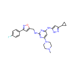 CN1CCN(c2cc(Nc3cc(C4CC4)n[nH]3)nc(NCc3cc(-c4ccc(F)cc4)no3)n2)CC1 ZINC000141892004