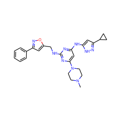 CN1CCN(c2cc(Nc3cc(C4CC4)n[nH]3)nc(NCc3cc(-c4ccccc4)no3)n2)CC1 ZINC000035921860