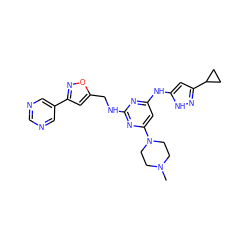 CN1CCN(c2cc(Nc3cc(C4CC4)n[nH]3)nc(NCc3cc(-c4cncnc4)no3)n2)CC1 ZINC000141222188