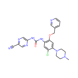 CN1CCN(c2cc(OCc3cccnc3)c(NC(=O)Nc3cnc(C#N)cn3)cc2Cl)CC1 ZINC000014956195