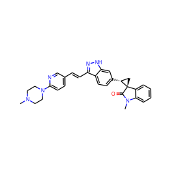 CN1CCN(c2ccc(/C=C/c3n[nH]c4cc([C@@H]5C[C@@]56C(=O)N(C)c5ccccc56)ccc34)cn2)CC1 ZINC000145056363