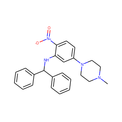 CN1CCN(c2ccc([N+](=O)[O-])c(NC(c3ccccc3)c3ccccc3)c2)CC1 ZINC000004687377