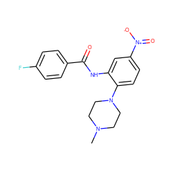 CN1CCN(c2ccc([N+](=O)[O-])cc2NC(=O)c2ccc(F)cc2)CC1 ZINC000095592807