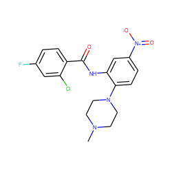 CN1CCN(c2ccc([N+](=O)[O-])cc2NC(=O)c2ccc(F)cc2Cl)CC1 ZINC000095588565