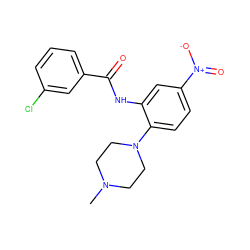 CN1CCN(c2ccc([N+](=O)[O-])cc2NC(=O)c2cccc(Cl)c2)CC1 ZINC000095588890